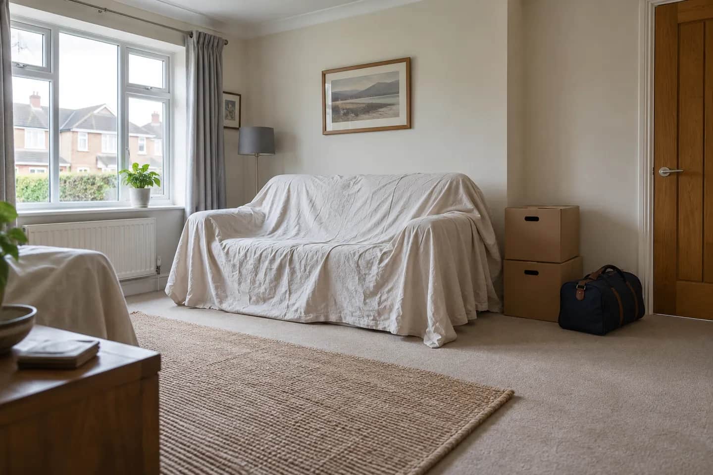 Living room prepared for work with a covered sofa, storage boxes and an overnight bag