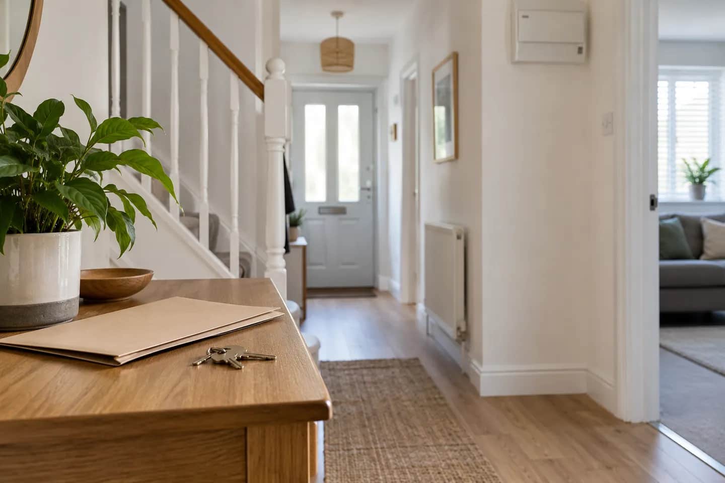 House keys and a document folder on a console table in a bright hallway