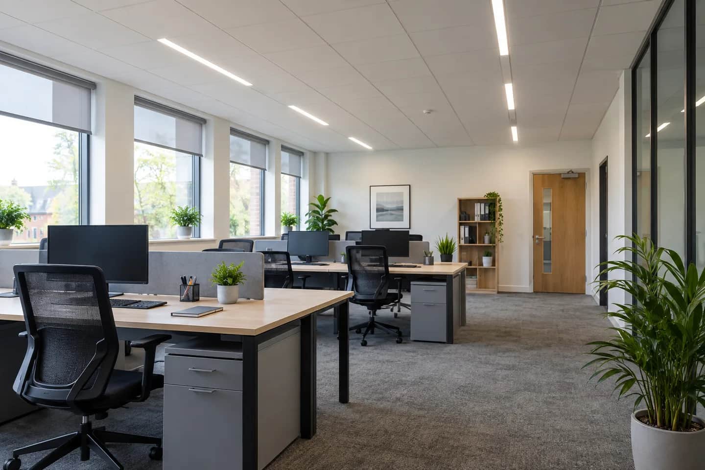 Office combining linear ceiling lighting with daylight