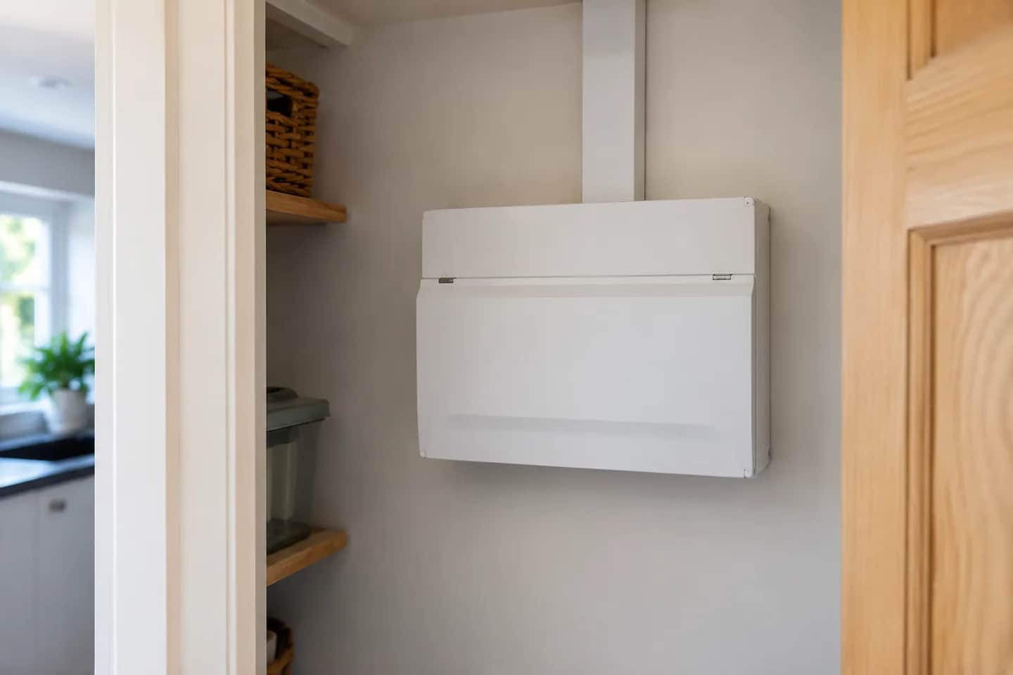 Closed white metal consumer unit mounted in a domestic utility cupboard