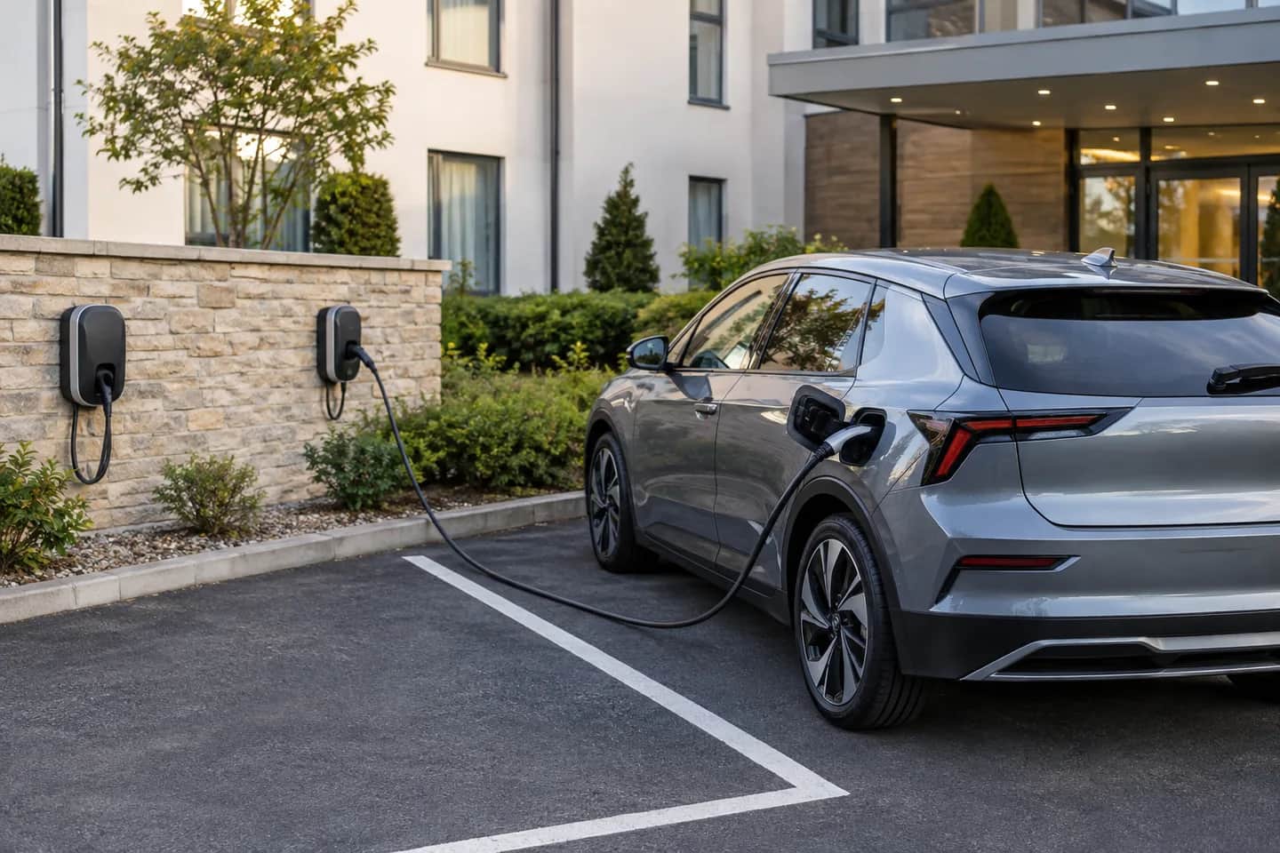 Electric vehicle charging outside a small hotel