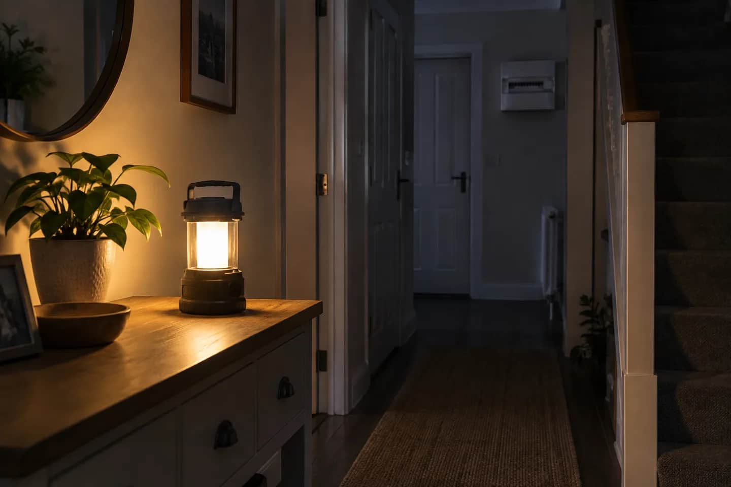 Battery lantern lighting a hallway during a power cut