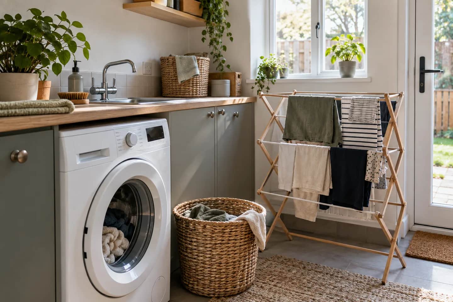 Laundry drying beside a washing machine in a utility room