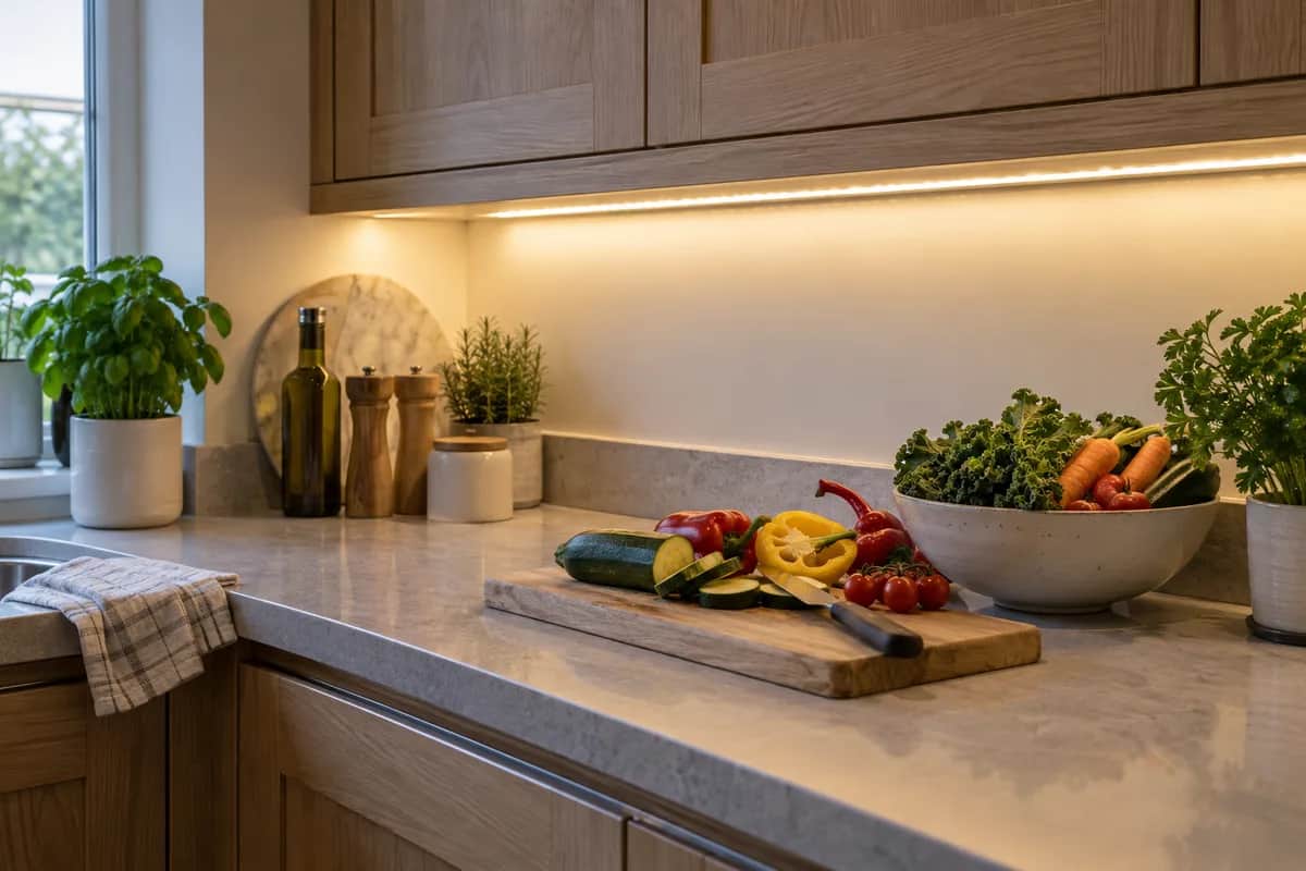 Under-cabinet lighting illuminating a kitchen preparation surface
