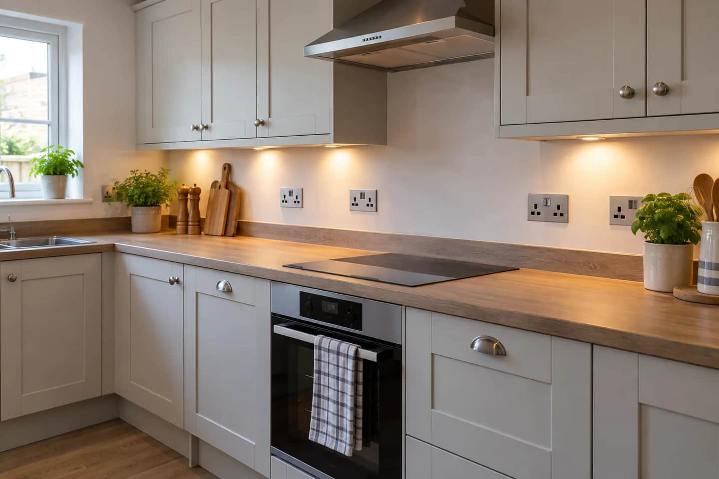 Kitchen with accessible worktop sockets and task lighting