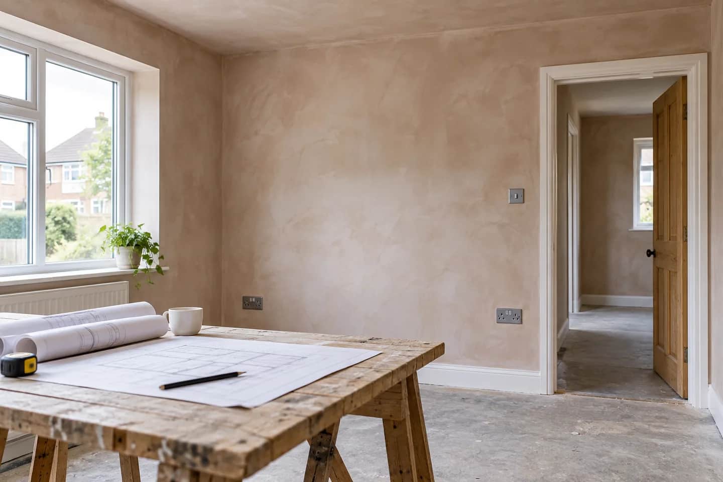 Plans on a table in a room being renovated
