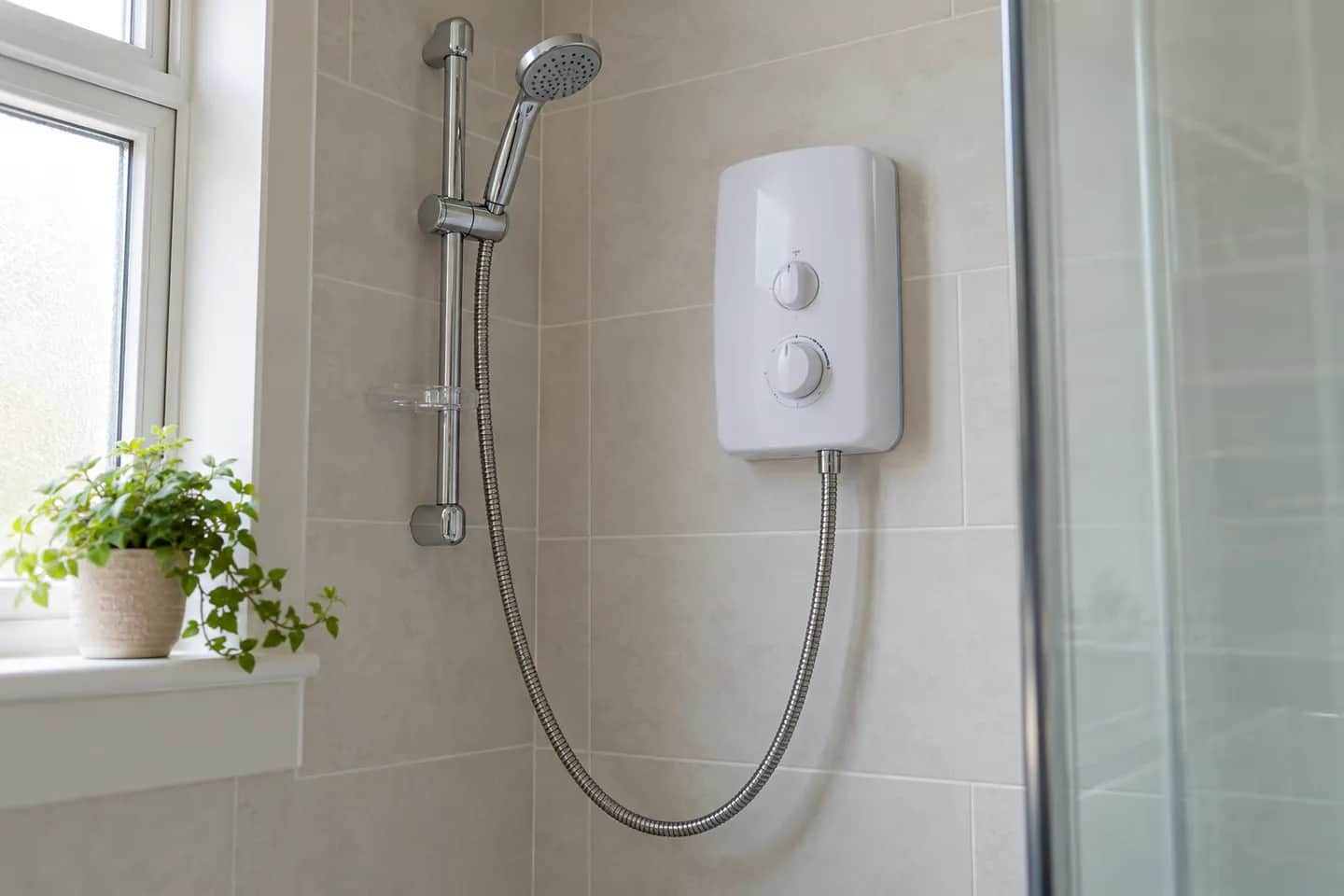 White electric shower with a chrome hose and handheld shower head against pale bathroom tiles