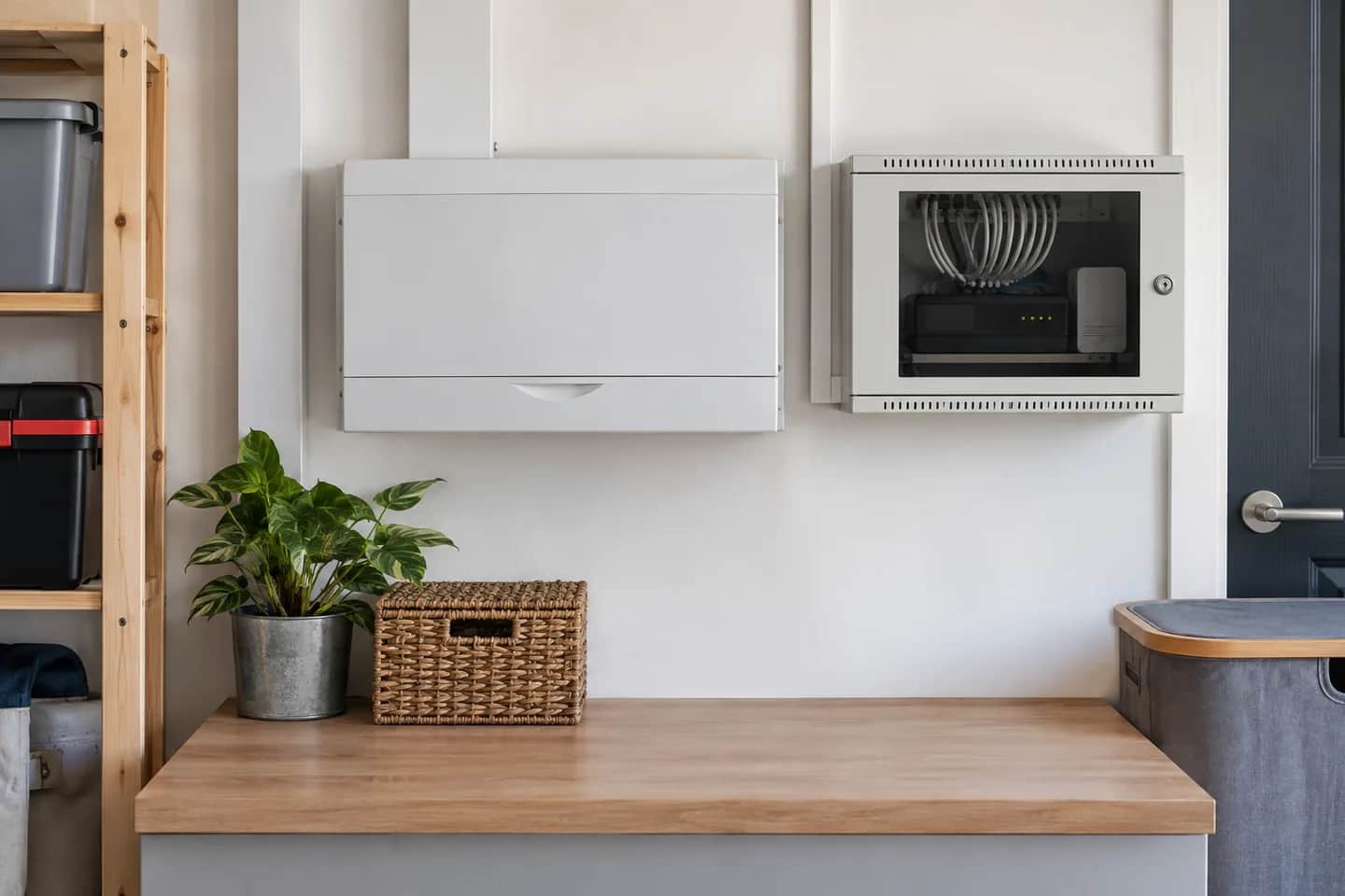 Closed consumer unit beside home networking equipment