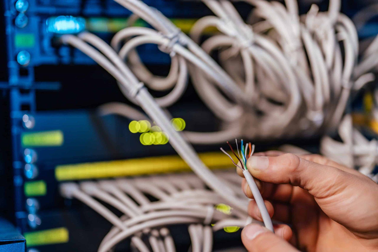 Male hand holding stripped wires of ethernet cable, close-up.
