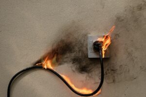 On fire electric wire plug Receptacle on the concrete wall exposed concrete background