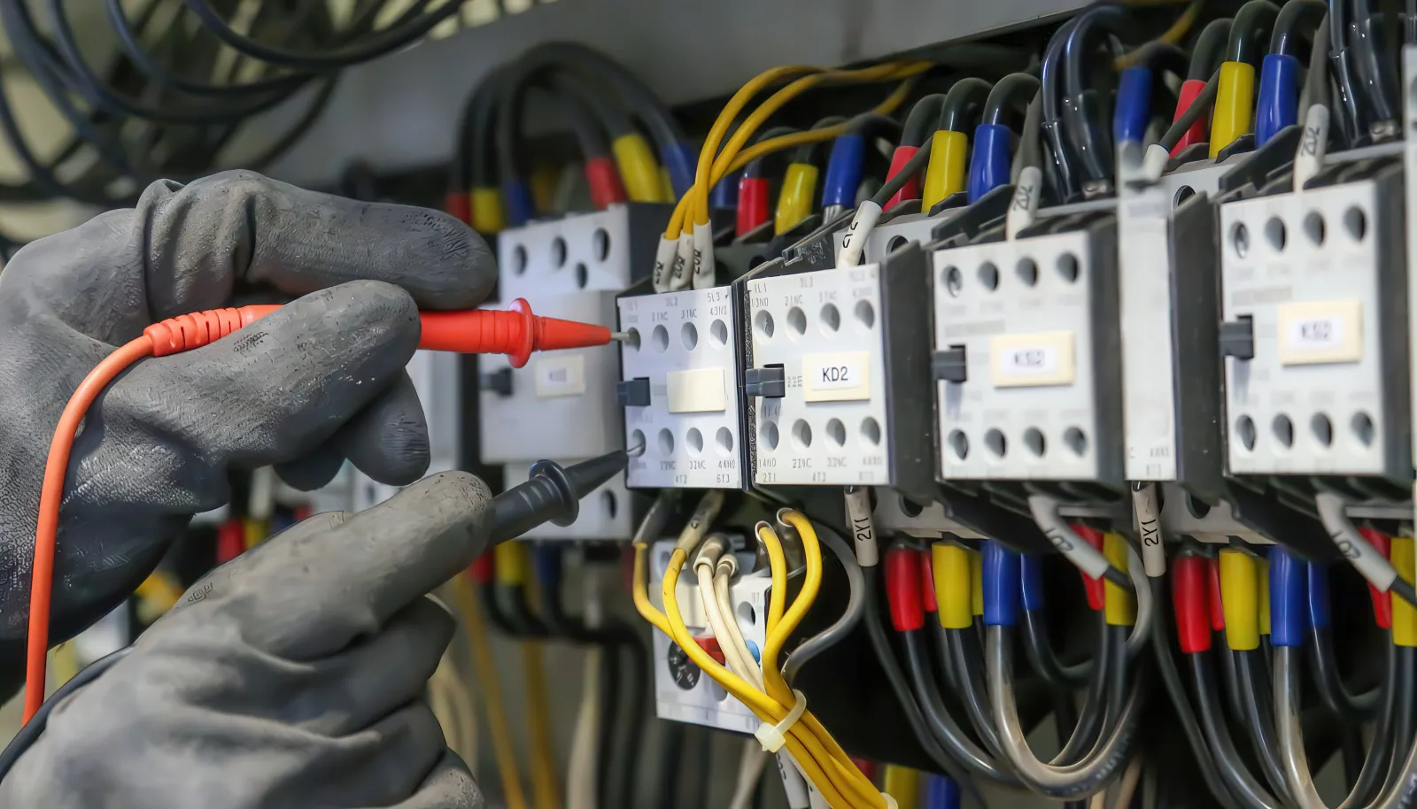 An electrician testing voltages of electrical boxes
